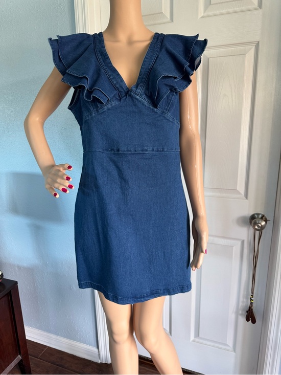 Perfectly Priscilla Dresses & Skirts - Dark Blue Ruffled V-Neck Denim Mini Dress